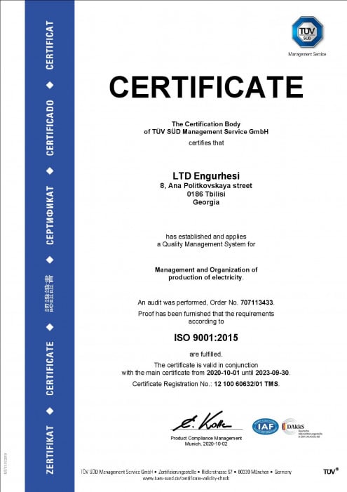 Enguri HPP LLC has obtained ISO certificates
